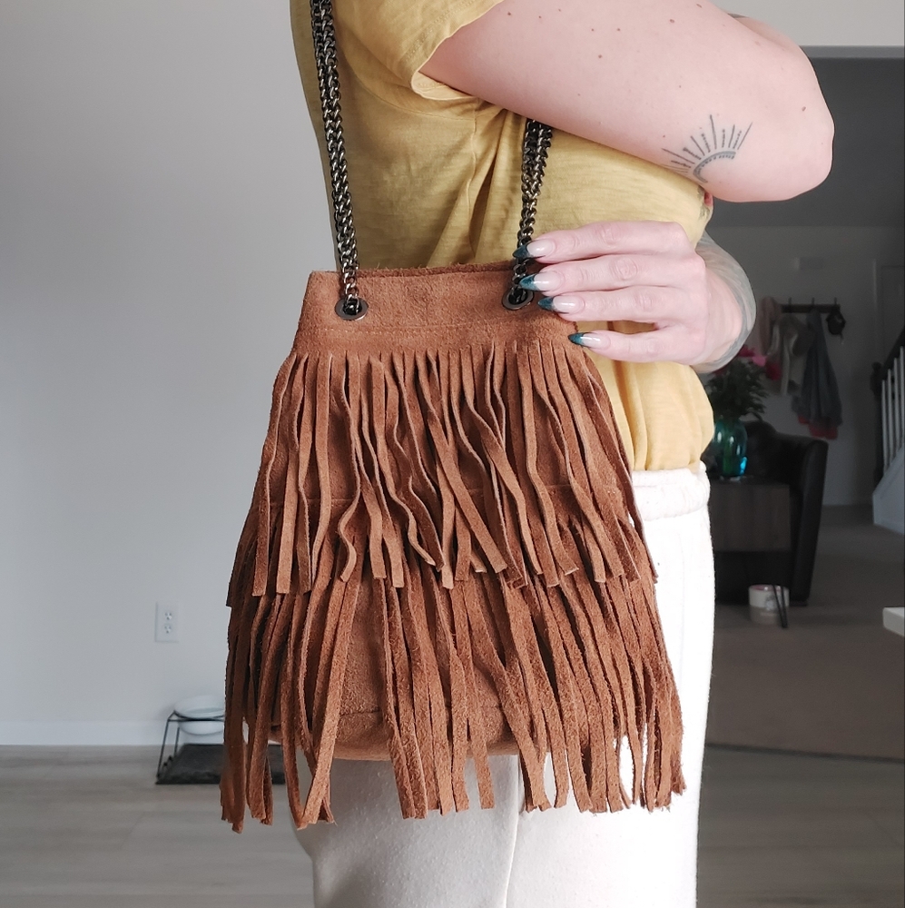 Fringe Suede Tan Shoulder Bag